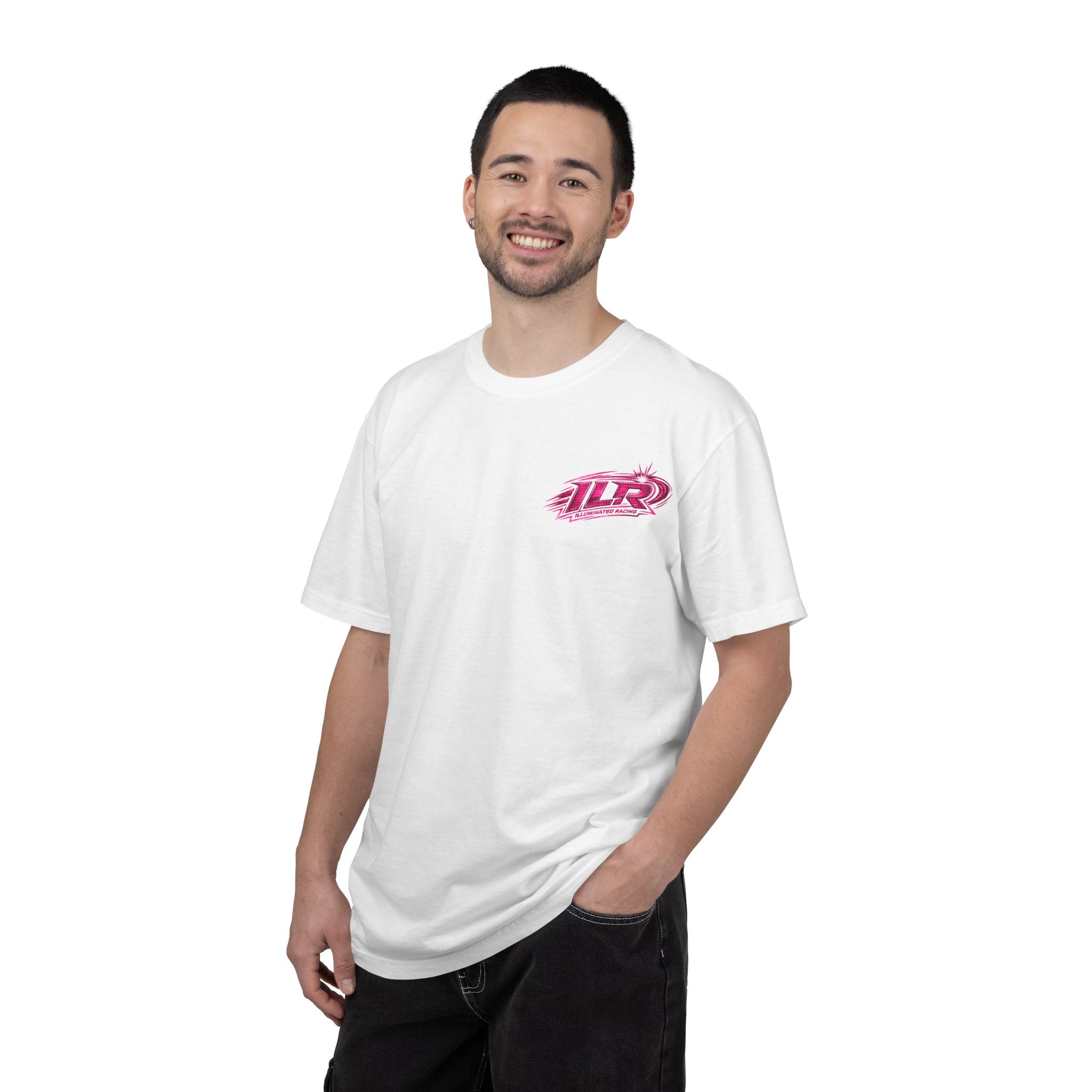 ILR PINK Racing Logo T-Shirt — White Graphic Tee with "Romans 8:31"