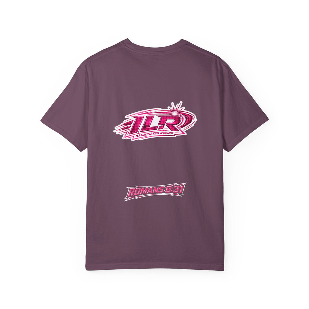 ILR PINK Racing Logo T-Shirt — White Graphic Tee with "Romans 8:31"
