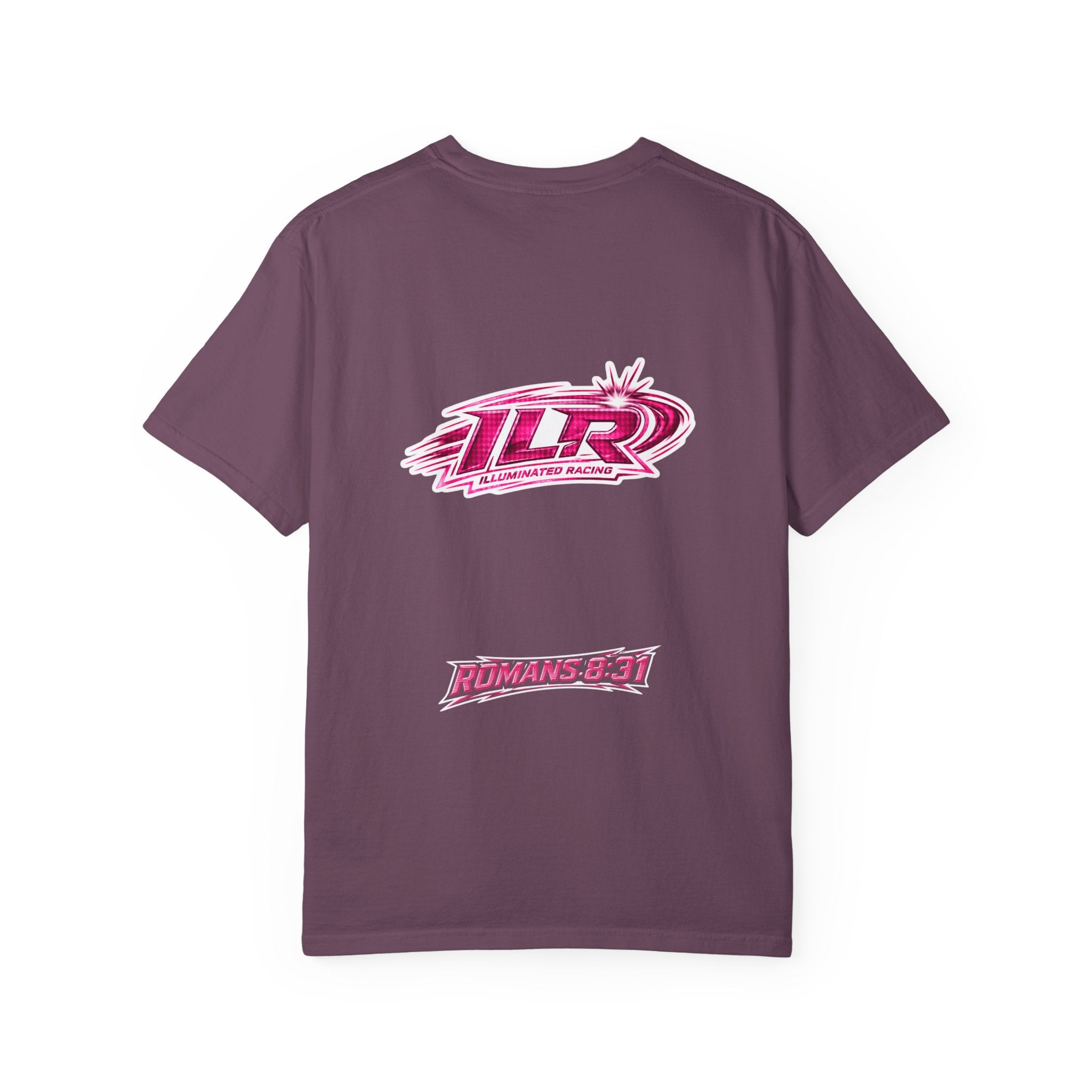 ILR PINK Racing Logo T-Shirt — White Graphic Tee with "Romans 8:31"