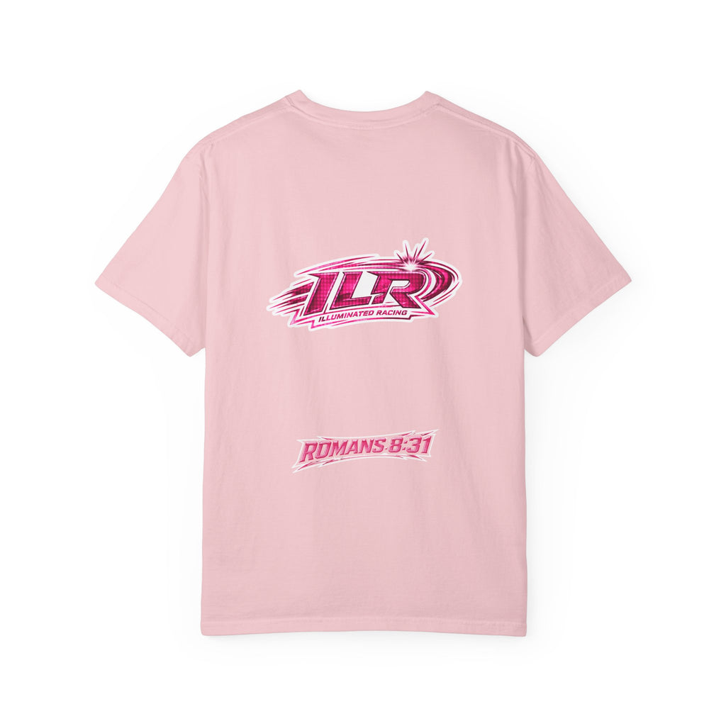 ILR PINK Racing Logo T-Shirt — White Graphic Tee with "Romans 8:31"
