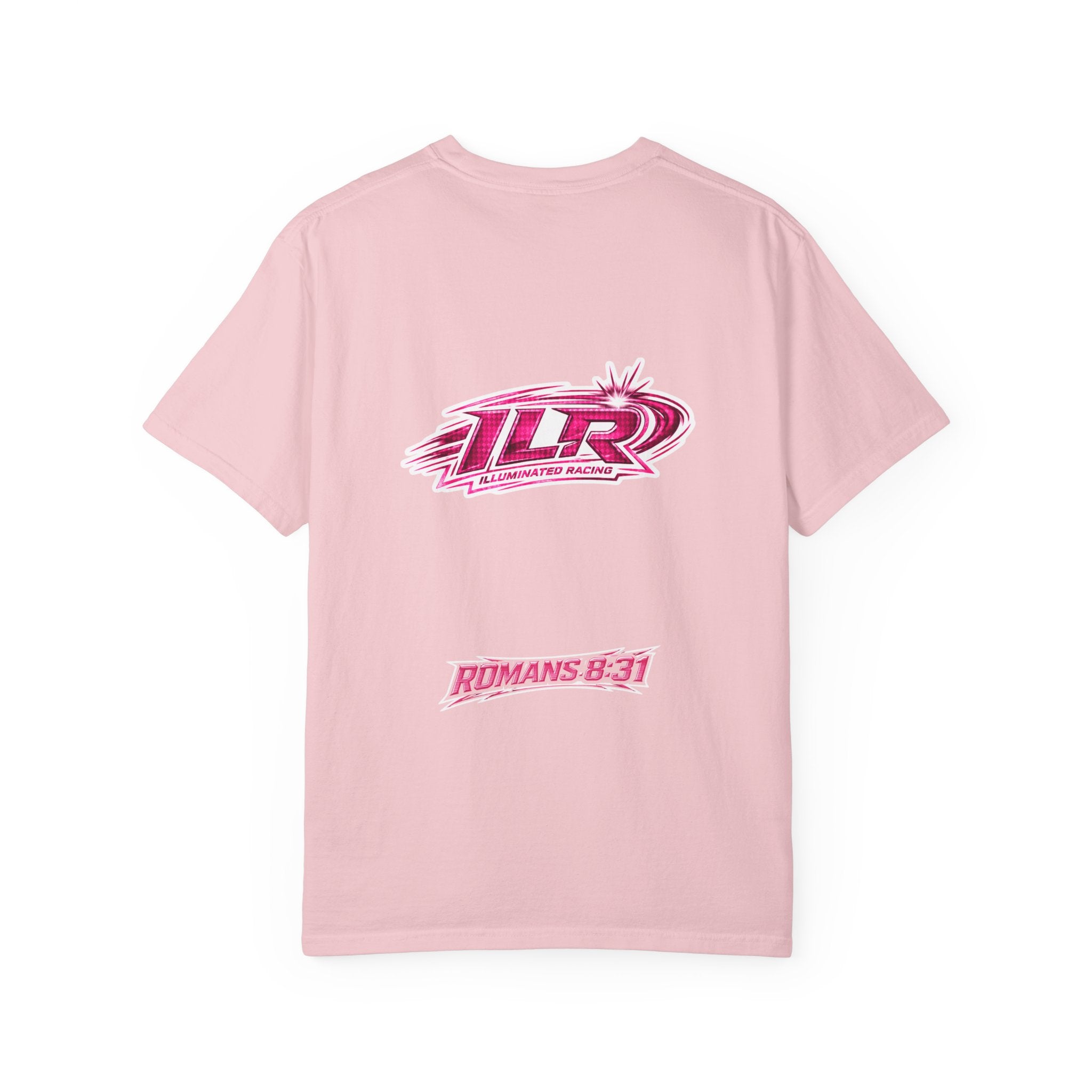 ILR PINK Racing Logo T-Shirt — White Graphic Tee with "Romans 8:31"