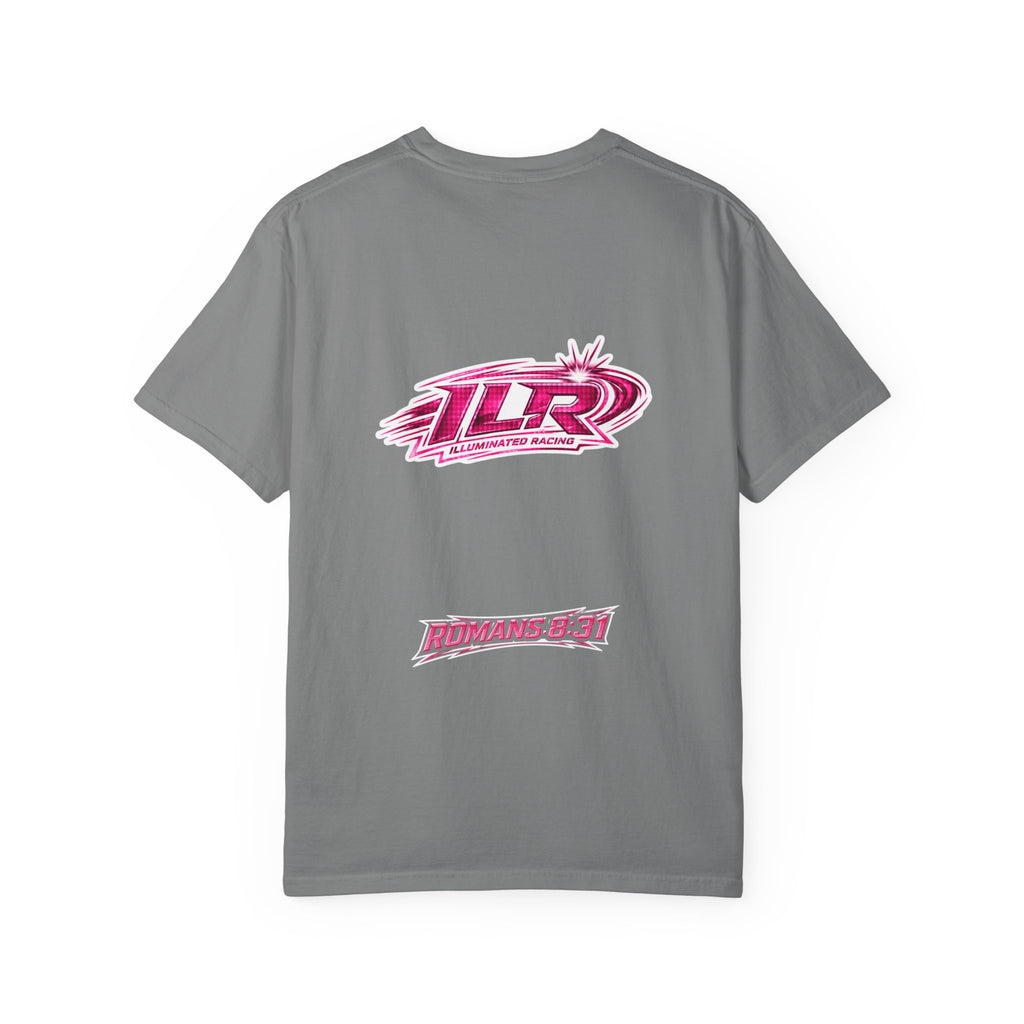 ILR PINK Racing Logo T-Shirt — White Graphic Tee with "Romans 8:31"