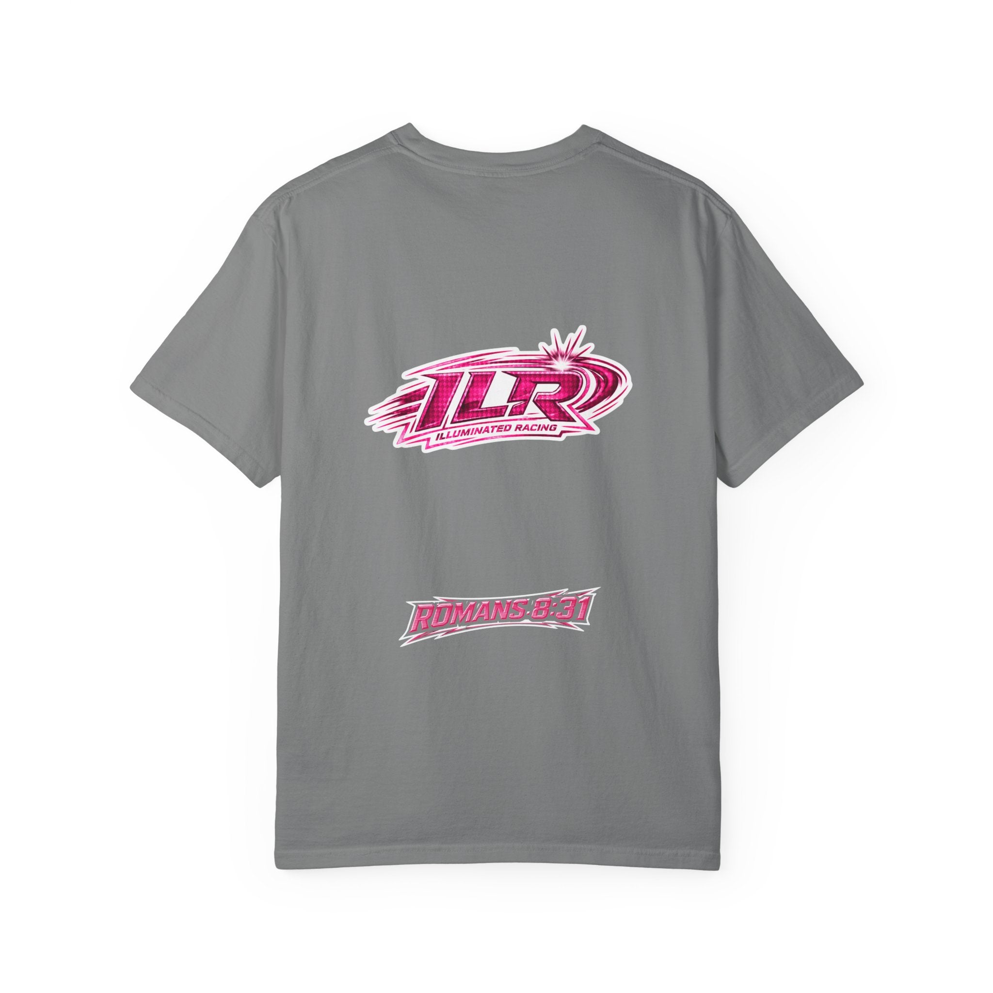 ILR PINK Racing Logo T-Shirt — White Graphic Tee with "Romans 8:31"