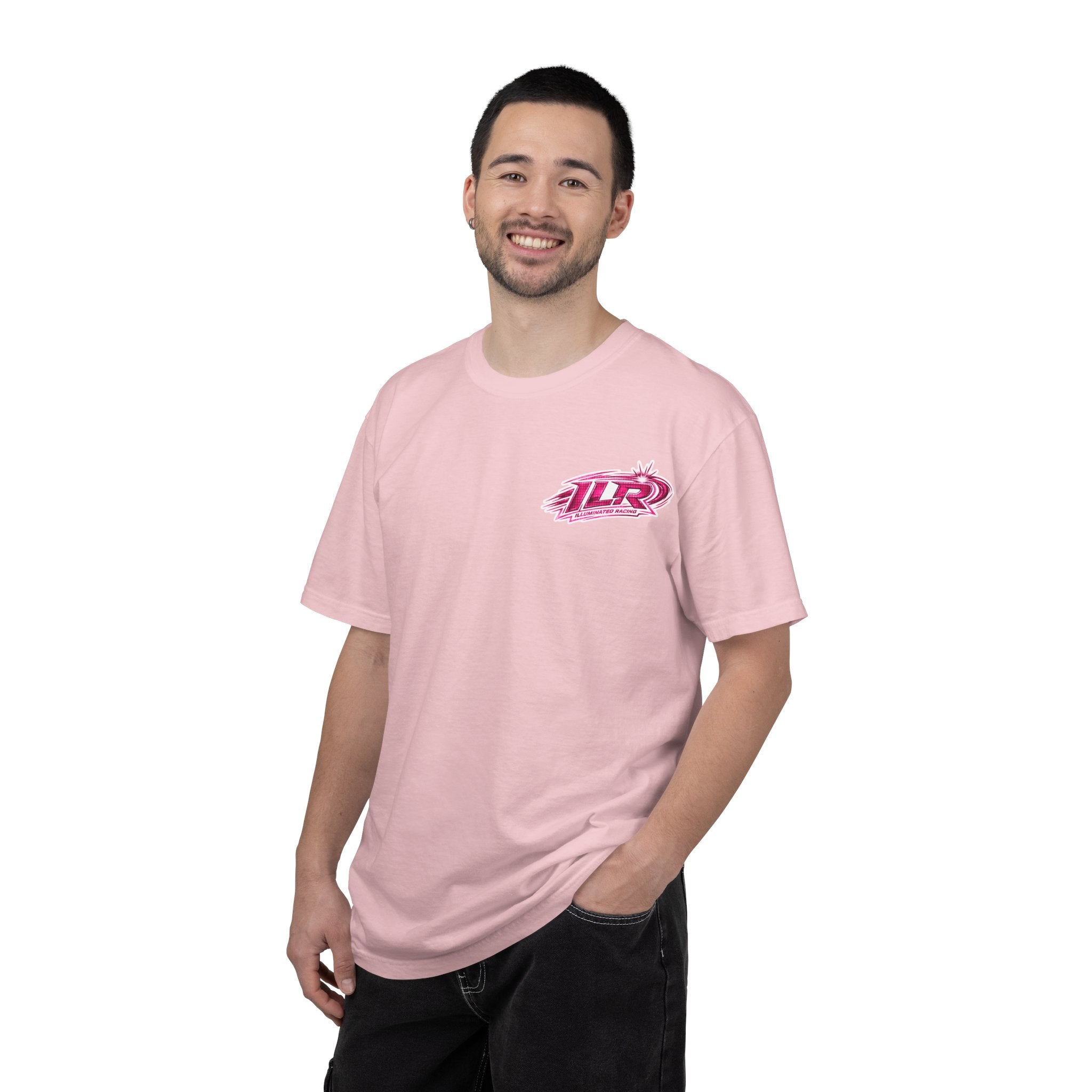 ILR PINK Racing Logo T-Shirt — White Graphic Tee with "Romans 8:31"