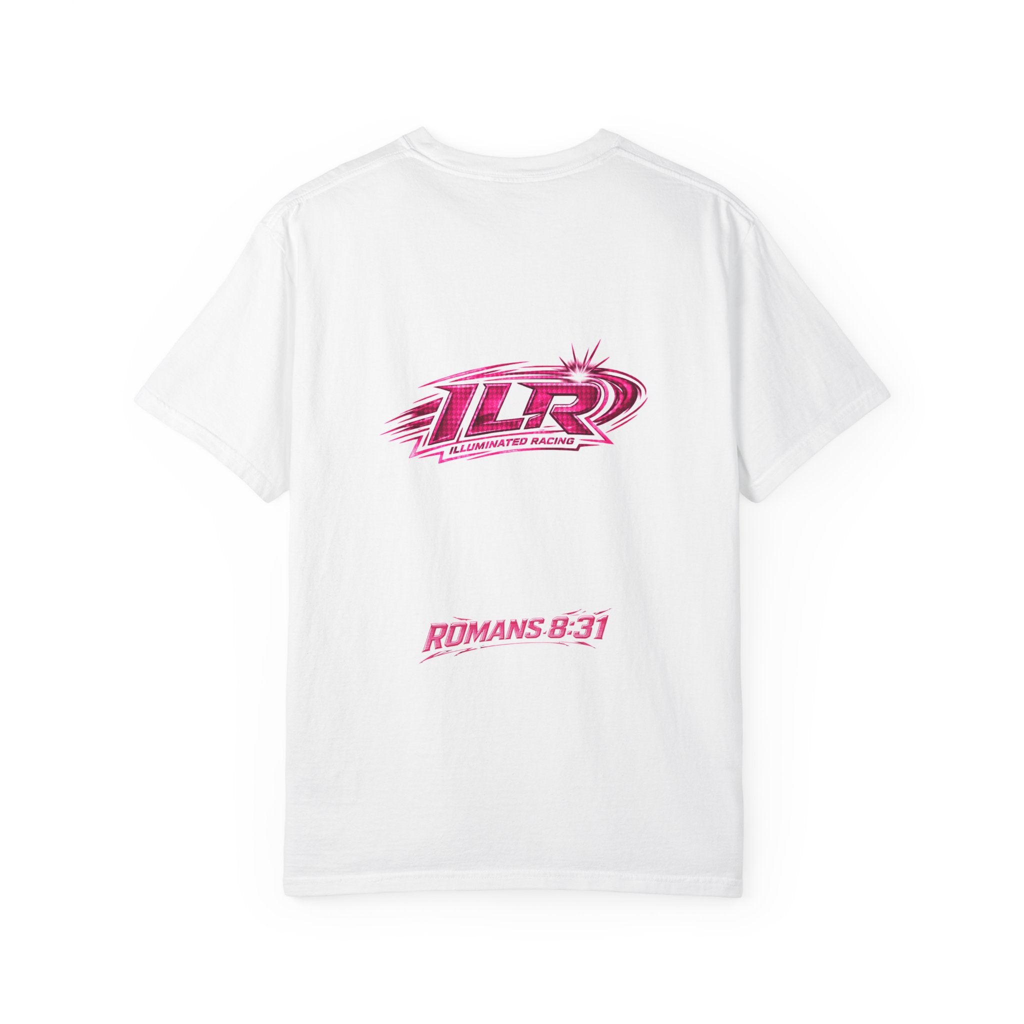 ILR PINK Racing Logo T-Shirt — White Graphic Tee with "Romans 8:31"