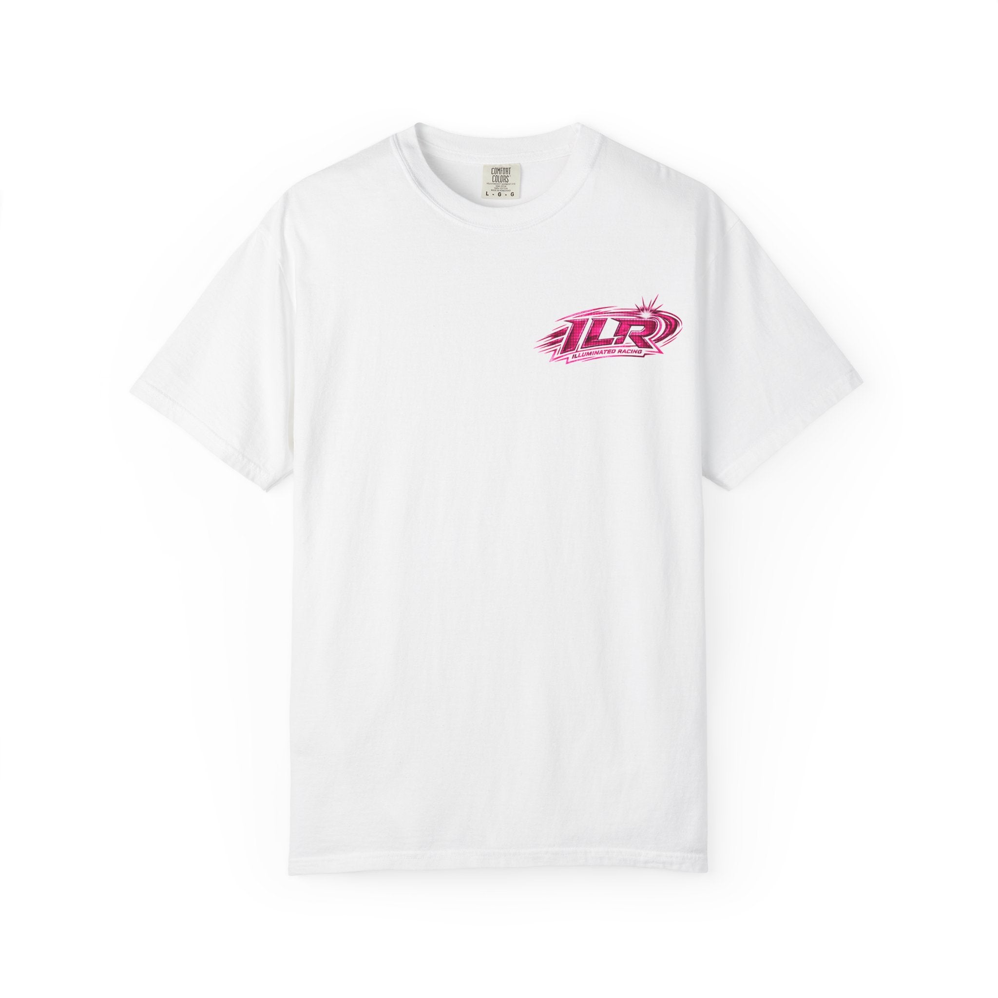ILR PINK Racing Logo T-Shirt — White Graphic Tee with "Romans 8:31"