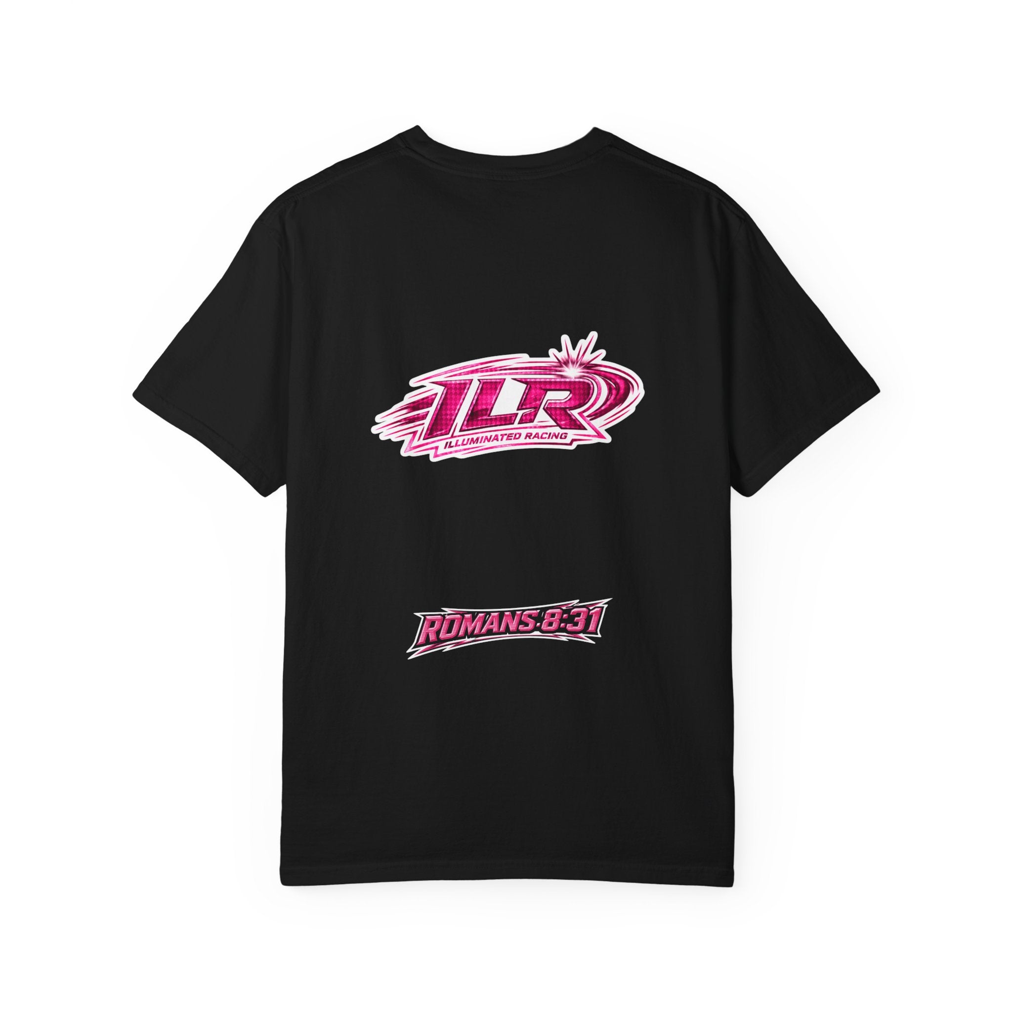 ILR PINK Racing Logo T-Shirt — White Graphic Tee with "Romans 8:31"