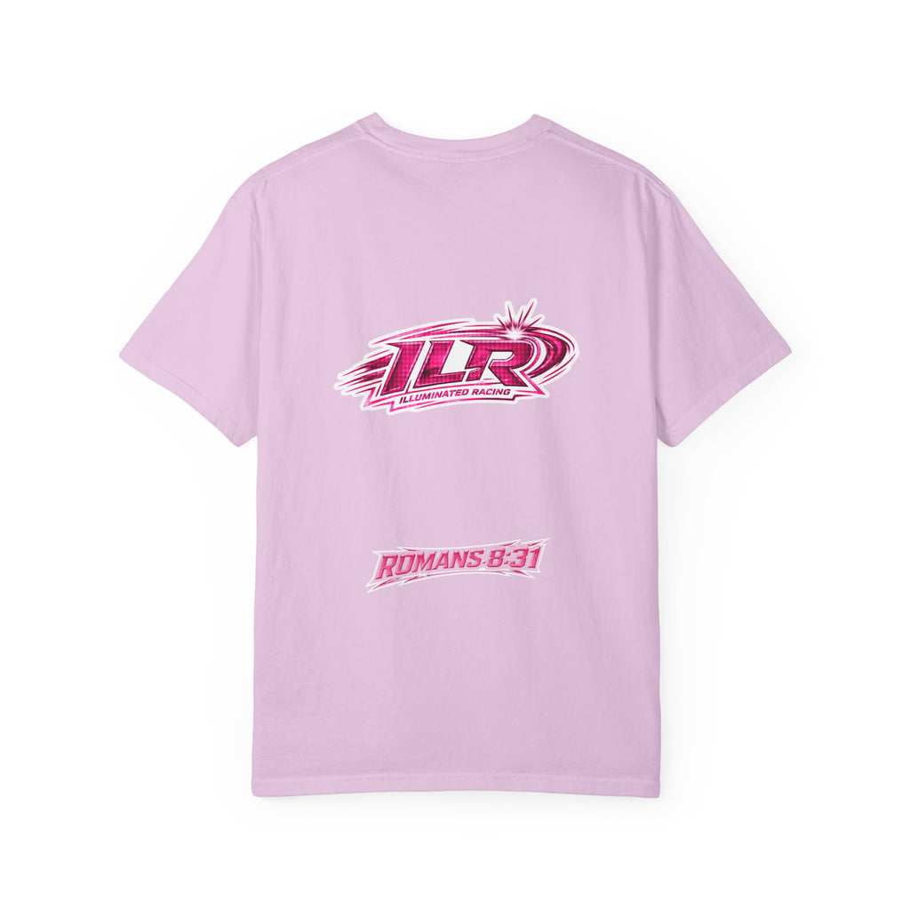 ILR PINK Racing Logo T-Shirt — White Graphic Tee with "Romans 8:31"
