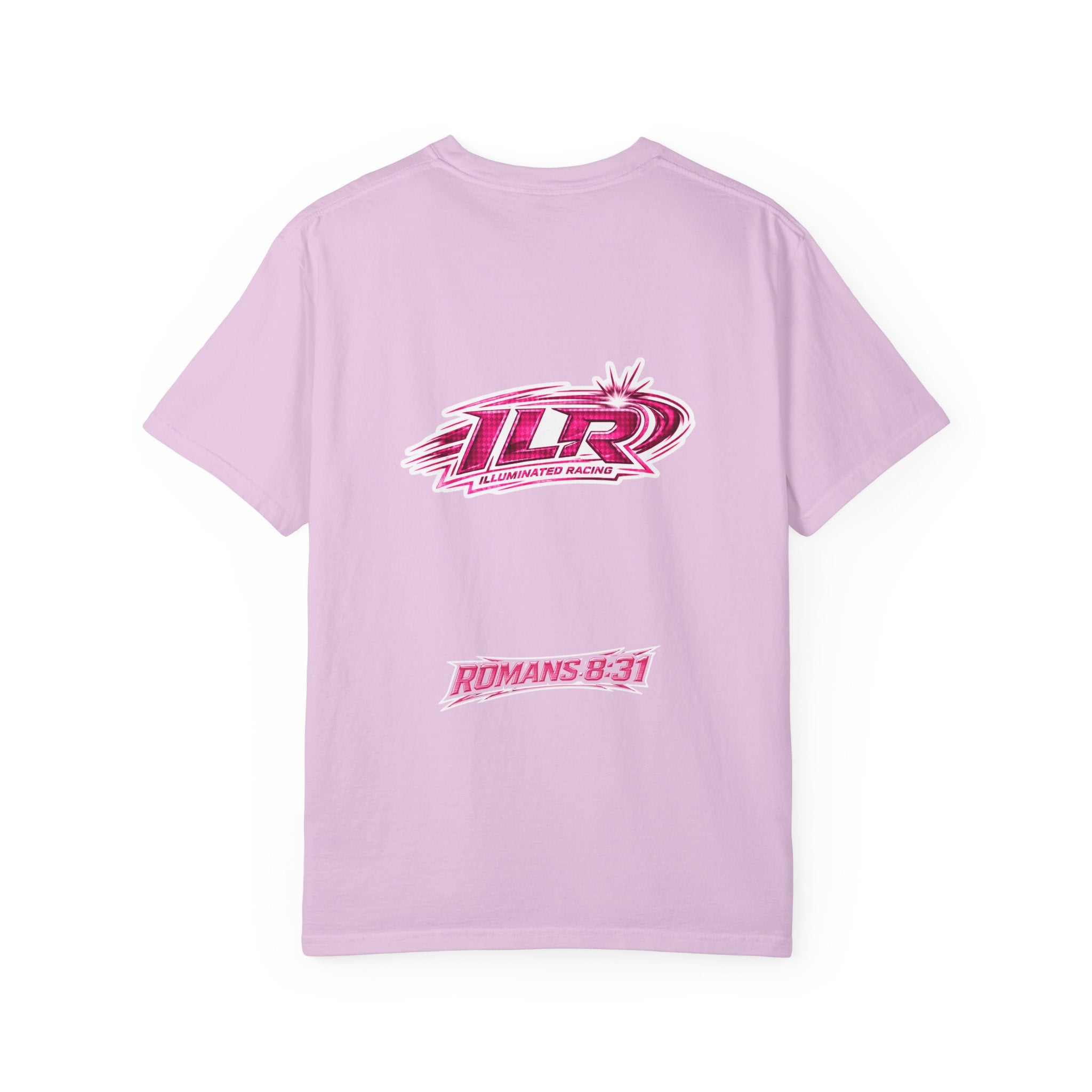 ILR PINK Racing Logo T-Shirt — White Graphic Tee with "Romans 8:31"