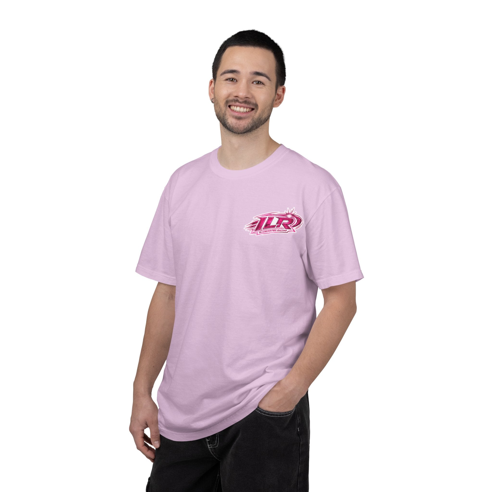 ILR PINK Racing Logo T-Shirt — White Graphic Tee with "Romans 8:31"